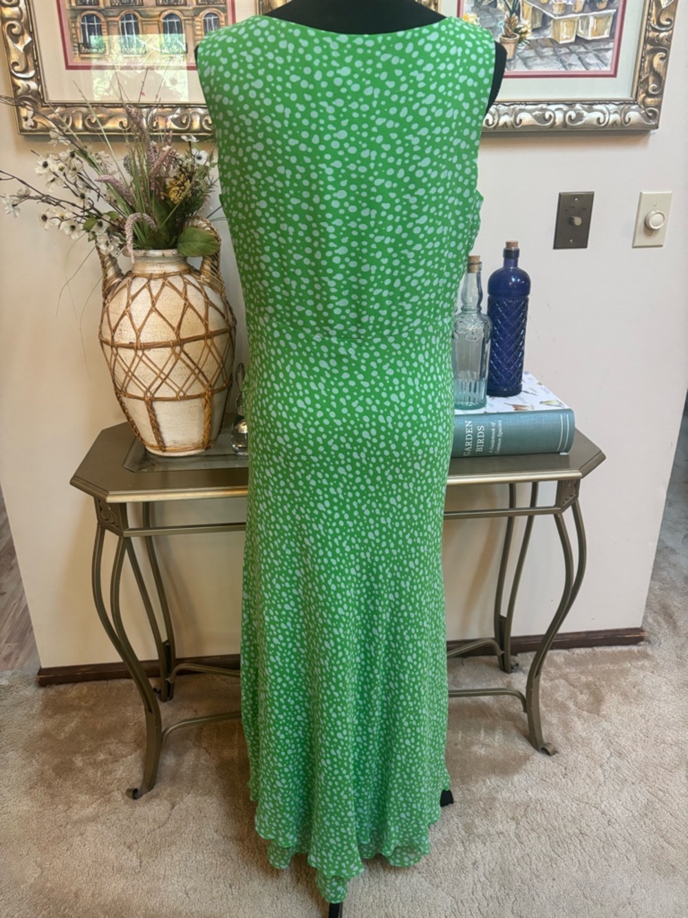 CYNTHIA HOWIE 100% Silk Sleeveless Green Dot Print Maxi Dress Fit & Flare Sz 12 - Picture 3 of 11